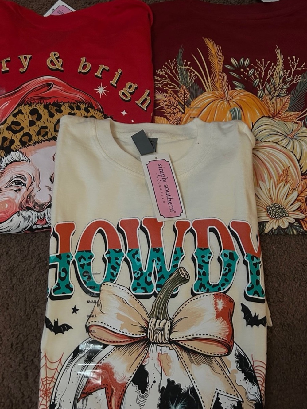 New Simply Southern Howdy Pumpkin Halloween Merry Santa Christmas T-Shirt Small